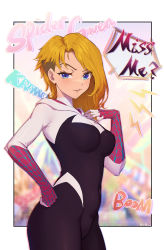 Rule 34 | 1girl, absurdres, animification, asymmetrical hair, blonde hair, blurry, blurry background, bodysuit, breasts, character name, english text, eyebrow piercing, gwen stacy, hand on own chest, hand on own hip, highres, hood, hooded bodysuit, ling luo xi yang, looking at viewer, marvel, piercing, sidecut, solo, speech bubble, spider-gwen, spider-man: across the spider-verse, spider-man: into the spider-verse, spider-man (series), spider-verse, spider web print, standing, superhero costume, undercut