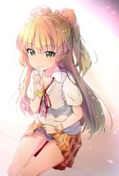 Rule 34 | 1girl, akata itsuki, bangle, blonde hair, blush, bracelet, clothes lift, collared shirt, commentary request, finger to mouth, green eyes, hair ornament, hair scrunchie, highres, idolmaster, idolmaster cinderella girls, jewelry, jougasaki rika, lifting own clothes, light, light particles, long hair, looking at viewer, neck ribbon, panties, plaid, plaid skirt, red ribbon, ribbon, scrunchie, shirt, short sleeves, sitting, skirt, skirt lift, smile, solo, sweater vest, two side up, underwear