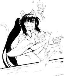 Rule 34 | 1girl, :d, animal ears, borvar, cat ears, cat tail, dojou sukui, fang, fish, goldfish, goldfish scooping, greyscale, highres, japanese clothes, long hair, monochrome, noihara himari, omamori himari, open mouth, poi (goldfish scoop), ponytail, saliva, simple background, slit pupils, smile, solo, standing, tail, very long hair, water, white background, wide sleeves