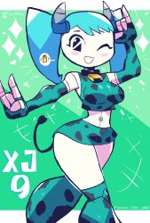 Rule 34 | 1girl, absurdres, animal print, bell, black eyes, blue footwear, blue gloves, blue hair, blue shirt, blue skirt, blush, boots, breasts, collar, colored skin, cow girl, cow horns, cow print, cow tail, cowbell, crop top, double m/, fingerless gloves, gloves, green background, highres, horns, jenny wakeman, long hair, looking at viewer, m/, medium breasts, midriff, my life as a teenage robot, navel, nickelodeon, one eye closed, open mouth, print footwear, print gloves, print shirt, print skirt, robot, shirt, skirt, sleeveless, sleeveless shirt, smile, sparkle, speech bubble, standing, tail, thigh boots, tony welt, twintails, white skin, wide hips, wink