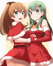 Rule 34 | 10s, 2girls, bad id, bad pixiv id, blue eyes, blush, brown hair, christmas, christmas tree hair ornament, clenched teeth, elbow gloves, gloves, green eyes, green hair, hair ornament, highres, holding hands, interlocked fingers, kantai collection, kapatarou, kumano (kancolle), long hair, looking at viewer, multiple girls, open mouth, ponytail, red gloves, santa costume, smile, suzuya (kancolle), teeth
