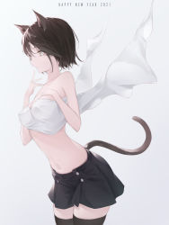 Rule 34 | 1girl, 2021, animal ears, bad id, bad pixiv id, black skirt, black thighhighs, breasts, brown eyes, brown hair, buttons, cat ears, cat girl, cat tail, cloth, collarbone, cowboy shot, finger to mouth, from side, hands up, highres, medium breasts, navel, original, pleated shirt, r (curvy), short hair, simple background, skirt, solo, tail, thighhighs, white background, zettai ryouiki