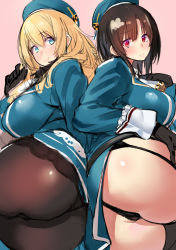 Rule 34 | 10s, 2girls, ass, ass-to-ass, atago (kancolle), beret, black hair, blonde hair, blue eyes, breasts, curvy, garter belt, gloves, hat, highres, huge ass, huge breasts, kantai collection, large breasts, lying, military, military uniform, multiple girls, on side, panties, pantyhose, partially visible vulva, plump, red eyes, takamura wamu, takao (kancolle), thick thighs, thighs, thong, underwear, uniform, wide hips
