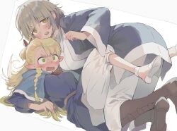 Rule 34 | 2girls, baggy pants, belt, blonde hair, blue capelet, blue jacket, blue robe, blush, boots, braid, breasts, brown belt, brown footwear, capelet, commentary, dungeon meshi, elf, falin touden, furrowed brow, girl on top, green eyes, hair ribbon, highres, jacket, kneeling, korean commentary, large breasts, light brown hair, long hair, lying, mara universe, marcille donato, medium breasts, medium hair, multiple girls, on back, open mouth, pants, pointy ears, ponytail, red ribbon, ribbon, robe, sandals, stuck in a box, sweat, white background, white pants, yellow eyes, yuri