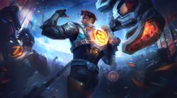 Rule 34 | 6+boys, absurdres, armor, black bodysuit, black gloves, bodysuit, brown hair, confetti, cowboy shot, fingerless gloves, from behind, gloves, glowing, grin, hammer, highres, holding, holding hammer, jayce (league of legends), league of legends, looking back, multiple boys, official art, pointing, pointing at self, ponytail, power armor, second-party source, short hair, shoulder armor, smile, solo focus, teeth, zenith games jayce