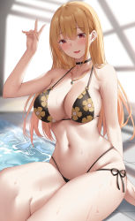 Rule 34 | 1girl, barbell piercing, bikini, black bikini, black choker, blonde hair, blush, breasts, choker, duplicate, ear piercing, earrings, fang, floral print, gold necklace, hand up, highres, indoors, industrial piercing, jewelry, kitagawa marin, large breasts, long hair, looking at viewer, nail polish, navel, necklace, open mouth, piercing, pink nails, pixel-perfect duplicate, pool, poolside, print bikini, red eyes, side-tie bikini bottom, sitting, skindentation, solo, sono bisque doll wa koi wo suru, stomach, suzuame yatsumi, swimsuit, thighs, tile floor, tiles, v, water, wet