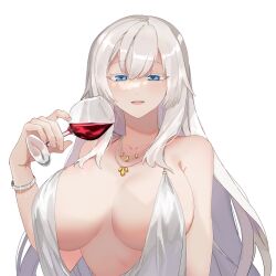 Rule 34 | 1girl, :d, alcohol, blue eyes, bracelet, breasts, cup, dress, drinking glass, gg dal, grey dress, grey hair, highres, holding, holding cup, huge breasts, jewelry, looking at viewer, necklace, open mouth, revealing clothes, simple background, sleeveless, sleeveless dress, smile, solo, upper body, white background, wine, wine glass