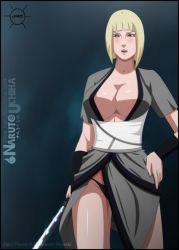 Rule 34 | 1girl, blonde hair, blue eyes, breasts, cleavage, large breasts, naruto (series), naruto shippuuden, no bra, open mouth, samui (naruto), short hair, solo, standing, sword, temarisabak, weapon