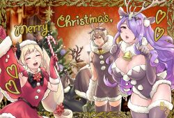 Rule 34 | 2boys, 2girls, alternate costume, antlers, bell, breasts, camilla (fire emblem), candy, candy cane, christmas, christmas ornaments, christmas tree, cleavage, elise (fire emblem), fake antlers, fire emblem, fire emblem fates, food, gift, hair over one eye, highres, horns, large breasts, leo (fire emblem), leotard, long hair, looking at viewer, merry christmas, multiple boys, multiple girls, nintendo, purple eyes, purple hair, reindeer antlers, santa costume, smile, strapless, strapless leotard, tsulala44 (oi thanks), very long hair, wavy hair, xander (fire emblem)