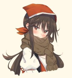 Rule 34 | 1girl, blush, brown hair, eip (pepai), falcon (girls&#039; frontline), girls&#039; frontline, head scarf, long hair, looking at viewer, puffy sleeves, red eyes, ribbon, scarf, shirt, simple background, smile, solo, white shirt