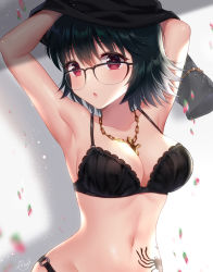 Rule 34 | 1girl, :o, armpits, arms up, bare arms, bare shoulders, between breasts, black-framed eyewear, black bra, black hair, black panties, black shirt, bra, breasts, chain, cleavage, collarbone, commentary request, cross, cross necklace, glasses, groin, hair between eyes, hunter x hunter, jewelry, lace, lace-trimmed bra, lace trim, large breasts, latin cross, light particles, long sleeves, looking at viewer, naomi (fantasia), navel, necklace, panties, parted lips, red eyes, shadow, shirt, unworn shirt, shizuku murasaki, short hair, signature, solo, spider tattoo, standing, stomach, tattoo, underwear, upper body