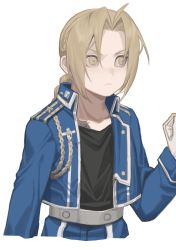 Rule 34 | 1boy, aiguillette, amestris military uniform, arm at side, automail, belt, black shirt, blonde hair, blue jacket, braid, braided ponytail, cbow, closed mouth, edward elric, frown, fullmetal alchemist, gloves, hair over one eye, hand up, highres, jacket, long hair, long sleeves, looking away, male focus, military, military uniform, open clothes, open jacket, parted bangs, shirt, sideways glance, simple background, single braid, solo, star (symbol), uniform, white background, white gloves, yellow eyes