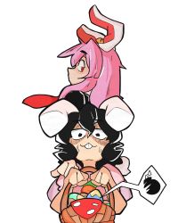 Rule 34 | 2girls, :3, animal ears, basket, black eyes, black hair, bomb, buck teeth, carrot necklace, closed mouth, commentary, dress, easter egg, egg, english commentary, explosive, floppy ears, highres, holding, holding basket, inaba tewi, jewelry, kappamin, long hair, looking at viewer, multiple girls, necklace, necktie, pink dress, pink hair, rabbit ears, rabbit girl, red eyes, red necktie, reisen udongein inaba, shaded face, short hair, simple background, sweat, teeth, touhou, upper body, wavy hair, white background