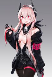 Rule 34 | 1girl, :d, absurdres, armband, bandana, black skirt, blush, breasts, cowboy shot, girls&#039; frontline, gradient background, grey background, hair between eyes, hair over breasts, hairband, hand up, headgear, highres, jacket, long hair, looking at viewer, m4 sopmod ii (girls&#039; frontline), mechanical arms, miniskirt, mole, mole on breast, multicolored hair, no bra, open mouth, pantyhose, pink hair, pleated skirt, red hair, single mechanical arm, skirt, small breasts, smile, solo, ssamjang (misosan), streaked hair, teeth, thigh strap, thighs, unzipped