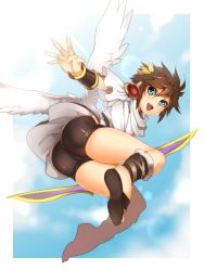 Rule 34 | 1boy, angel, angel wings, ass, bike shorts, blue eyes, blush, brown hair, bulge, flying, kid icarus, looking back, male focus, nintendo, open mouth, pit (kid icarus), sandals, short hair, smile, solo, thighs, tunic, wadani hitonori, wings
