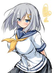 Rule 34 | 1girl, arms behind back, blue eyes, breasts, commentary request, cowboy shot, eyes visible through hair, grey skirt, hair ornament, hair over one eye, hairclip, hamakaze (kancolle), highres, kantai collection, large breasts, looking at viewer, mizunoe kotaru, neckerchief, pleated skirt, school uniform, serafuku, short hair, short sleeves, silver hair, simple background, skirt, smile, solo, standing, white background, yellow neckerchief