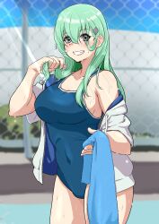 Rule 34 | 1girl, absurdres, aqua eyes, aqua hair, blue one-piece swimsuit, blue sky, breasts, chain-link fence, covered navel, cowboy shot, day, fence, hair ornament, hairclip, highres, jacket, kantai collection, large breasts, long hair, looking at viewer, navel, nextpp, old school swimsuit, one-piece swimsuit, open clothes, open jacket, outdoors, pool, poolside, school swimsuit, sky, smile, solo, suzuya (kancolle), swimsuit, towel, water, wet, wet clothes, wet swimsuit