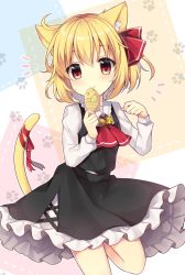 Rule 34 | 1girl, ahoge, animal ear fluff, animal ears, ascot, bell, black dress, blonde hair, blush, bow, cat ears, cat tail, dot nose, dotted line, dress, eyelashes, fish cake, food in mouth, frilled dress, frilled shirt collar, frills, jingle bell, kemonomimi mode, long sleeves, looking at viewer, mouth hold, paw print, paw print background, red ascot, red eyes, red ribbon, ribbon, ruhika, rumia, shirt, short hair, solo, tail, tail ornament, tail ribbon, thighs, touhou, upper body, white shirt