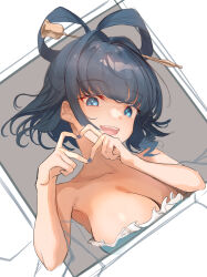 Rule 34 | 1girl, amano hagoromo, bare shoulders, blue eyes, blue hair, blue nails, blunt bangs, breasts, cleavage, dress, hair ornament, hair rings, hair stick, hands up, heart, heart hands, highres, kaku seiga, large breasts, nail polish, off-shoulder dress, off shoulder, open mouth, shawl, short hair, simple background, solo, touhou