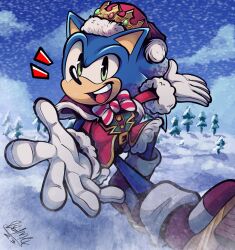 Rule 34 | 1boy, animal ears, animal nose, boots, bow, bowtie, christmas, christmas tree, crown, furry, furry male, gloves, hat, hedgehog, hedgehog ears, highres, looking at viewer, open mouth, santa boots, santa costume, santa gloves, santa hat, signature, snow, snowing, solo, sonic (series), sonic the hedgehog, white gloves
