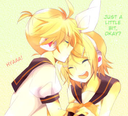 Rule 34 | 1boy, 1girl, blonde hair, bow, brother and sister, closed eyes, kissing forehead, hair bow, happy, hard-translated, headphones, hetero, hino (moca), kagamine len, kagamine rin, kiss, sailor collar, short hair, siblings, simple background, third-party edit, translated, twins, vocaloid
