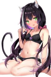 Rule 34 | 1girl, absurdres, animal ear fluff, animal ears, aoi komugi, bare arms, black bra, black hair, black panties, blush, bow, bra, breasts, cat ears, cat girl, cat tail, cleavage, collarbone, fang, female focus, green eyes, groin, hair between eyes, hair bow, hand in own hair, highres, karyl (princess connect!), leaning back, long hair, looking at viewer, low twintails, navel, open mouth, panties, princess connect!, red bow, simple background, sitting, small breasts, solo, tail, twintails, underwear, underwear only, very long hair, wariza, white background, white hair