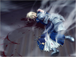 Rule 34 | 00s, 1girl, armor, armored dress, artoria pendragon (fate), blonde hair, blood, blood from mouth, blood on face, dress, fate/stay night, fate (series), game cg, hair over eyes, injury, saber (fate), smoke, solo, steam, takeuchi takashi, torn clothes