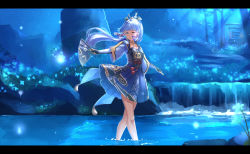 Rule 34 | 1girl, ayaka (genshin impact), blue eyes, blue flower, blue hair, blue skirt, bridal gauntlets, chahei, commentary request, floating hair, flower, folding fan, genshin impact, half-closed eyes, hand fan, highres, holding, holding fan, layered sleeves, letterboxed, long hair, long sleeves, night, outdoors, parted lips, pleated skirt, ponytail, short over long sleeves, short sleeves, skirt, solo, standing, tree, very long hair, wading, water, wide sleeves