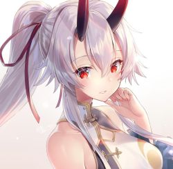 Rule 34 | 1girl, alternate costume, blush, breasts, china dress, chinese clothes, detached sleeves, dress, fate/grand order, fate (series), gradient background, hair between eyes, hair ribbon, horns, kagachi saku, large breasts, long hair, looking at viewer, oni horns, ponytail, red eyes, red ribbon, ribbon, signature, silver hair, simple background, smile, solo, tomoe gozen (fate), tomoe gozen (traveling outfit) (fate), upper body, very long hair