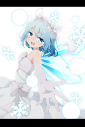 Rule 34 | 1girl, :d, ahoge, bare shoulders, blue eyes, blue hair, bow, choker, cirno, commentary request, do (4-rt), dress, elbow gloves, flower, foreshortening, from side, gloves, hair flower, hair ornament, hand on own chest, highres, jewelry, letterboxed, looking at viewer, necklace, open mouth, outstretched arm, reaching, reaching towards viewer, short hair, smile, snowflakes, solo, strapless, strapless dress, touhou, veil, wedding dress, white bow, white choker, white dress, white flower, white gloves, wings