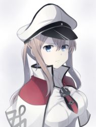 Rule 34 | 10s, 1girl, blonde hair, blue eyes, breasts, capelet, cross, graf zeppelin (kancolle), hair between eyes, hat, jacket, kantai collection, large breasts, looking at viewer, necktie, peaked cap, sidelocks, solo, twintails, white background, yukichi (eikichi)