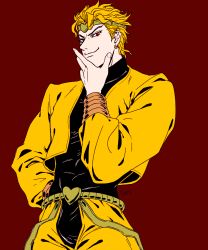 Rule 34 | 1boy, artist name, blonde hair, demi (02670430), dio brando, earrings, hand on own hip, highres, jewelry, jojo no kimyou na bouken, male focus, red background, red eyes, signature, smile, smug, solo, turtleneck, upper body