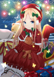 Rule 34 | 1girl, abigail williams (fate), blonde hair, bloomers, blue eyes, blurry, blurry background, blush, bow, box, bug, butterfly, capelet, christmas ornaments, closed mouth, commentary request, depth of field, dress, fate/grand order, fate (series), forehead, fur-trimmed capelet, fur trim, gift, gift box, green bow, hair bow, hat, hatsuzuki 527, highres, hugging object, insect, long hair, long sleeves, looking at viewer, parted bangs, polka dot, polka dot bow, red bow, red capelet, red dress, red hat, sack, signature, sitting, sled, sleeves past wrists, smile, solo, sparkle, star (symbol), stuffed animal, stuffed toy, teddy bear, underwear, very long hair, white bloomers