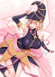 Rule 34 | 1girl, ;d, absurdres, alternate breast size, arm over head, armlet, armpits, black dress, black footwear, black hat, black sleeves, blonde hair, breasts, calcio, cellphone charm, charm (object), commentary request, cowboy shot, detached sleeves, dress, duel monster, gagaga girl, hat, highres, holding, holding phone, jewelry, large breasts, long hair, looking at viewer, medium hair, necklace, one eye closed, open mouth, patterned background, pentacle, pentagram, phone, pink background, pink sash, red eyes, sash, skull, sleeveless, sleeveless dress, smile, solo, taut clothes, taut dress, upper body, very long hair, wizard hat, yu-gi-oh!