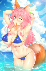 Rule 34 | 1girl, animal ears, arms up, bad id, bad pixiv id, bikini, blue bikini, blush, bracelet, breasts, cleavage, cloud, day, fang, fate/grand order, fate (series), fox ears, fox tail, highres, jewelry, large breasts, long hair, looking at viewer, mouth hold, navel, one eye closed, pink hair, ratio (ratio-d), sky, smile, solo, sun, swimsuit, tail, tamamo (fate), tamamo no mae (fate/extra), tamamo no mae (swimsuit lancer) (fate), wading, wet, yellow eyes