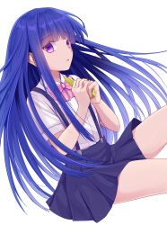 Rule 34 | 1girl, absurdres, akausagi, blue hair, blue skirt, blunt bangs, bow, collared shirt, commentary request, crystal, flat chest, floating hair, furude rika, highres, higurashi no naku koro ni, hime cut, holding, kakera, long hair, looking at viewer, miniskirt, neck ribbon, open mouth, parted lips, pink bow, pink ribbon, pleated skirt, purple eyes, ribbon, shirt, short sleeves, sidelocks, simple background, skirt, solo, straight hair, suspender skirt, suspenders, tearing up, white background, white shirt