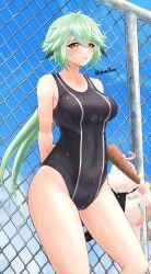Rule 34 | 1boy, 2girls, absurdres, aether (genshin impact), alternate costume, bare shoulders, baseball bat, black-framed eyewear, black one-piece swimsuit, blonde hair, blue sky, breasts, chain-link fence, cloud, commentary request, competition swimsuit, cowboy shot, day, fence, genshin impact, glasses, green hair, highres, holding, holding baseball bat, jonayuna, large breasts, long hair, long sleeves, looking at viewer, multiple girls, nail, nail bat, one-piece swimsuit, outdoors, paimon (genshin impact), pink lips, sky, standing, sucrose (genshin impact), swimsuit, thighs, very long hair, white hair, yellow eyes