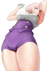 Rule 34 | 1girl, absurdres, arm behind head, armpits, arms up, blue eyes, breasts, closed mouth, corset, from below, gloves, grey hair, gridman universe, hair between eyes, hand up, highleg shorts, highres, large breasts, looking at viewer, mujina, purple corset, purple shorts, royal s, shirt, short hair, shorts, sleeveless, sleeveless shirt, solo, ssss.dynazenon, thick thighs, thighs, underbust, white background, white gloves, white shirt
