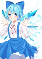 Rule 34 | 1girl, absurdres, blue bow, blue eyes, blue hair, blue skirt, blush, bow, cirno, commentary, cowboy shot, hair bow, hands up, highres, ice, ice wings, long sleeves, looking at viewer, neck ribbon, red ribbon, ribbon, shinonome asu, shirt, short hair, skirt, solo, suspender skirt, suspenders, touhou, white background, white shirt, wings