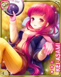 Rule 34 | 1girl, asami kei, breasts, card (medium), character name, evening, girlfriend (kari), grass, lawn, lying, official art, on back, open mouth, outdoors, pink eyes, pink hair, ponytail, qp:flapper, scarf, shirt, smile, solo, telescope, white shirt, winter clothes, yellow legwear