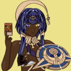 Rule 34 | 1girl, bare shoulders, black hairband, blue eyes, blue hair, brooch, candace (genshin impact), card, dark-skinned female, dark skin, duel disk, egyptian clothes, eye of horus, gem, genshin impact, hair intakes, hair ornament, hairband, heterochromia, highres, holding, holding card, horns, jewelry, looking at viewer, millennium eye, short hair with long locks, sidelocks, single horn, the winged dragon of ra, twintails, yellow eyes, yu-gi-oh!