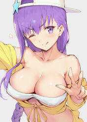 Rule 34 | 1girl, ;q, arm up, bare shoulders, baseball cap, bb (fate), bb (fate) (all), bb (swimsuit mooncancer) (fate), bb (swimsuit mooncancer) (first ascension) (fate), blush, braid, breasts, cleavage, fate/grand order, fate (series), front-tie top, grey background, haoni, hat, large breasts, long hair, looking at viewer, off shoulder, one eye closed, purple eyes, purple hair, reaching, reaching towards viewer, selfie, simple background, single braid, single sidelock, solo, star (symbol), strapless, tongue, tongue out, tube top, v-shaped eyebrows, w, wink