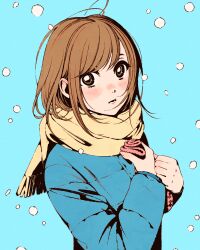 1girl ahoge ao_no_hako brown_eyes brown_hair hat jacket kano_chinatsu long_hair looking_at_viewer moshimoshibe scarf snow snowing solo winter winter_clothes