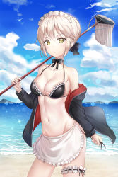 Rule 34 | 1girl, apron, artoria pendragon (alter swimsuit rider) (fate), artoria pendragon (alter swimsuit rider) (second ascension) (fate), artoria pendragon (fate), bare shoulders, beach, bikini, black bikini, black jacket, blue sky, braid, breasts, bridal garter, brown hair, choker, cleavage, closed mouth, cloud, cloudy sky, collarbone, cowboy shot, day, expressionless, fate/grand order, fate (series), frilled bikini, frilled choker, frills, glint, groin, halterneck, hand up, highres, holding, horizon, jacket, kitin, long sleeves, looking at viewer, maid apron, maid headdress, medium breasts, mop, navel, ocean, off shoulder, open clothes, open jacket, outdoors, short hair, sidelocks, sky, solo, standing, strap pull, swimsuit, untied bikini, water, yellow eyes