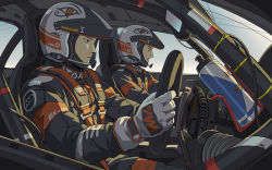 Rule 34 | 2boys, car interior, commentary request, expressionless, eye of horus, frown, gloves, helmet, ka92, male focus, microphone, multiple boys, original, racing suit, safety belt, sitting, steering wheel