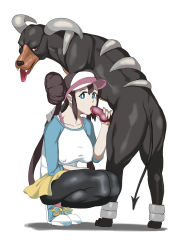 Rule 34 | 1boy, 1girl, a pg, animal penis, bestiality, blue eyes, breasts, brown hair, creatures (company), double bun, game freak, gen 2 pokemon, hair bun, hat, houndoom, knotted penis, large breasts, long hair, looking at viewer, nintendo, nipples, oral, pantyhose, penis, pokemon, pokemon (creature), pokemon bw2, pokephilia, rosa (pokemon), short shorts, shorts, skirt, tongue, uncensored