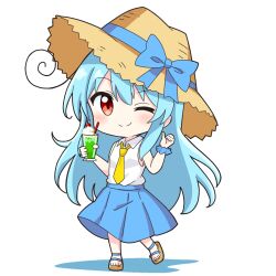 1girl ;) blue_bow blue_hair blue_skirt blush bow closed_mouth collared_shirt commentary_request cup drink drinking_glass drinking_straw full_body hand_up hat hat_bow highres holding holding_cup kotatsu-mazoku long_hair looking_at_viewer necktie no_nose one_eye_closed original red_eyes sandals shirt simple_background skirt sleeveless sleeveless_shirt smile solo standing straw_hat white_background white_shirt wrist_cuffs yellow_necktie