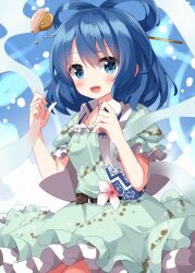 Rule 34 | 1girl, :d, belt, blue background, blue dress, blue eyes, blue hair, blush, breasts, cowboy shot, dress, flower, flower request, hagoromo, hair ornament, hair rings, hair stick, hands up, highres, kaku seiga, open mouth, ruu (tksymkw), shawl, simple background, small breasts, smile, solo, touhou, vest, white flower