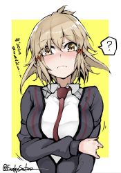 Rule 34 | 1girl, ?, blush, breast hold, breasts, brown eyes, brown hair, commentary request, frown, funkysatou, hair between eyes, hair ornament, hairclip, highres, looking at viewer, lydian academy school uniform, medium breasts, necktie, partial commentary, red necktie, school uniform, senki zesshou symphogear, short hair, solo, spoken question mark, sweatdrop, tachibana hibiki (symphogear), translation request, twitter username, upper body, wavy mouth