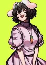 Rule 34 | 1girl, animal ears, black hair, blush, breasts, carrot necklace, commentary, cowboy shot, dress, floppy ears, frilled sleeves, frills, green background, hair between eyes, highres, inaba tewi, jewelry, long bangs, looking at viewer, medium breasts, necklace, nio (meple nio), open mouth, pink dress, puffy short sleeves, puffy sleeves, rabbit ears, rabbit girl, short hair, short sleeves, simple background, smile, solo, touhou